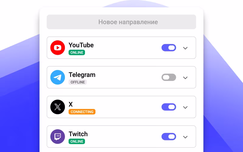 Панель трансляций Speak: подключённые площадки и состояние эфира
